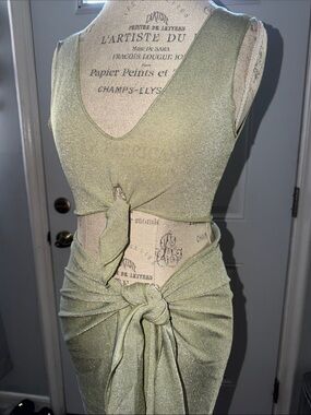 Montce Olive Green Sparkle Tie-Front Crop Top and wrap around skirt.